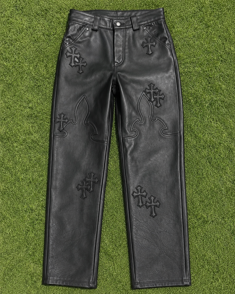 Genuine Leather Pants with Cross Design – Black Western Style Trousers