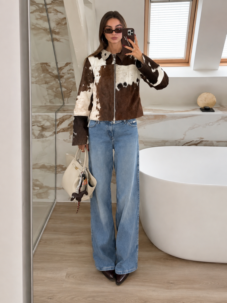 Women’s Brown & White Cowhide Leather Jacket – Hair On Hide Western Style