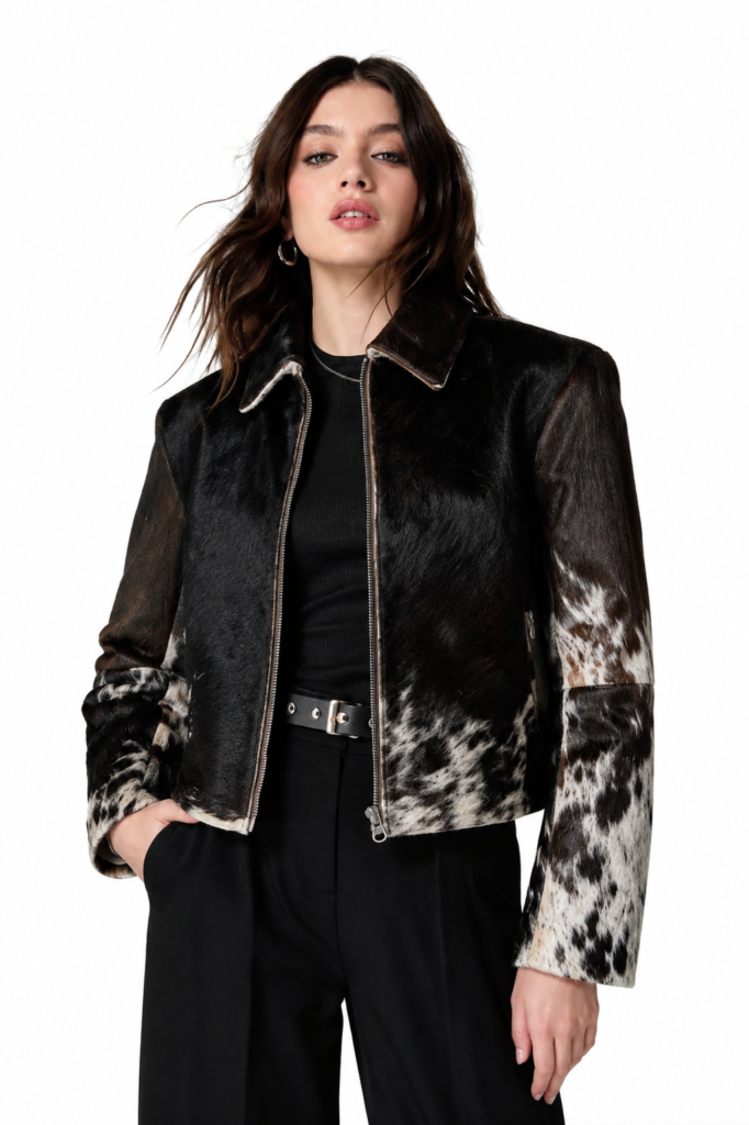 Women’s Black & White Cowhide Leather Jacket – Hair On Hide Western Biker Jacket