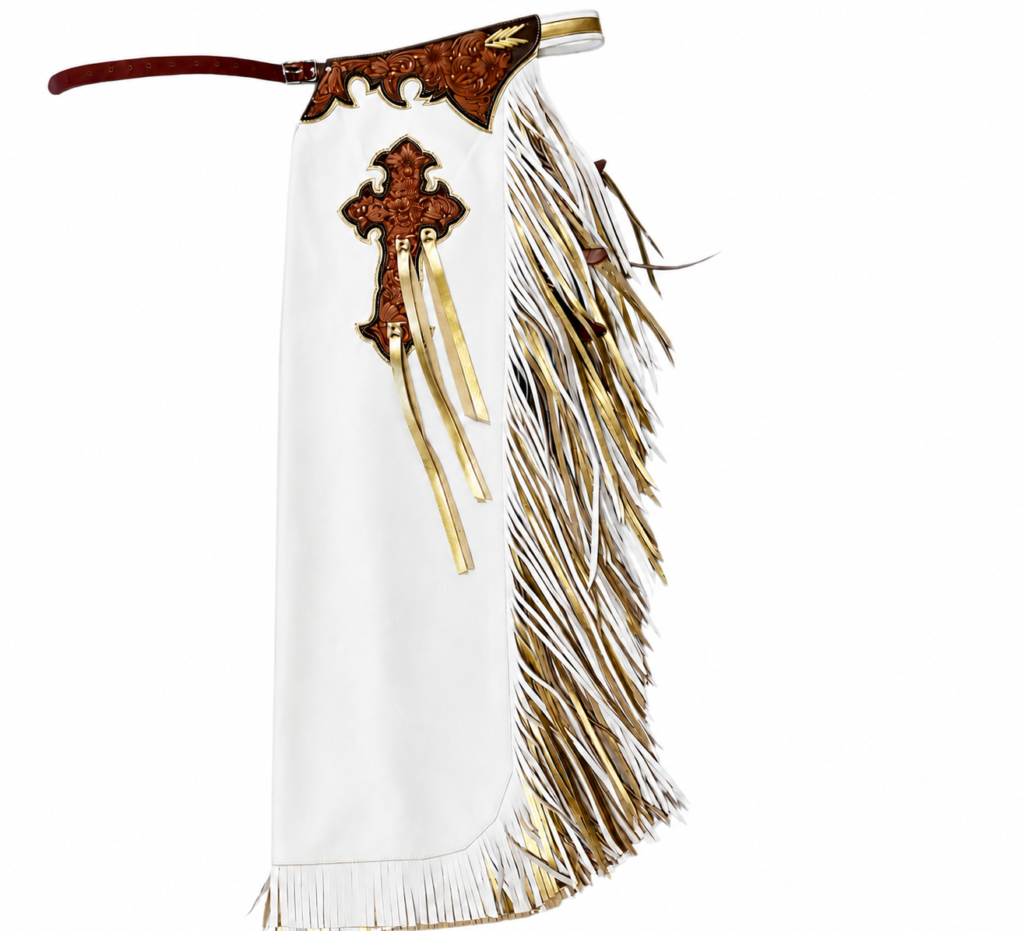 Genuine Leather Western Chaps with White & Gold Fringe – Hand Tooled Rodeo Chaps