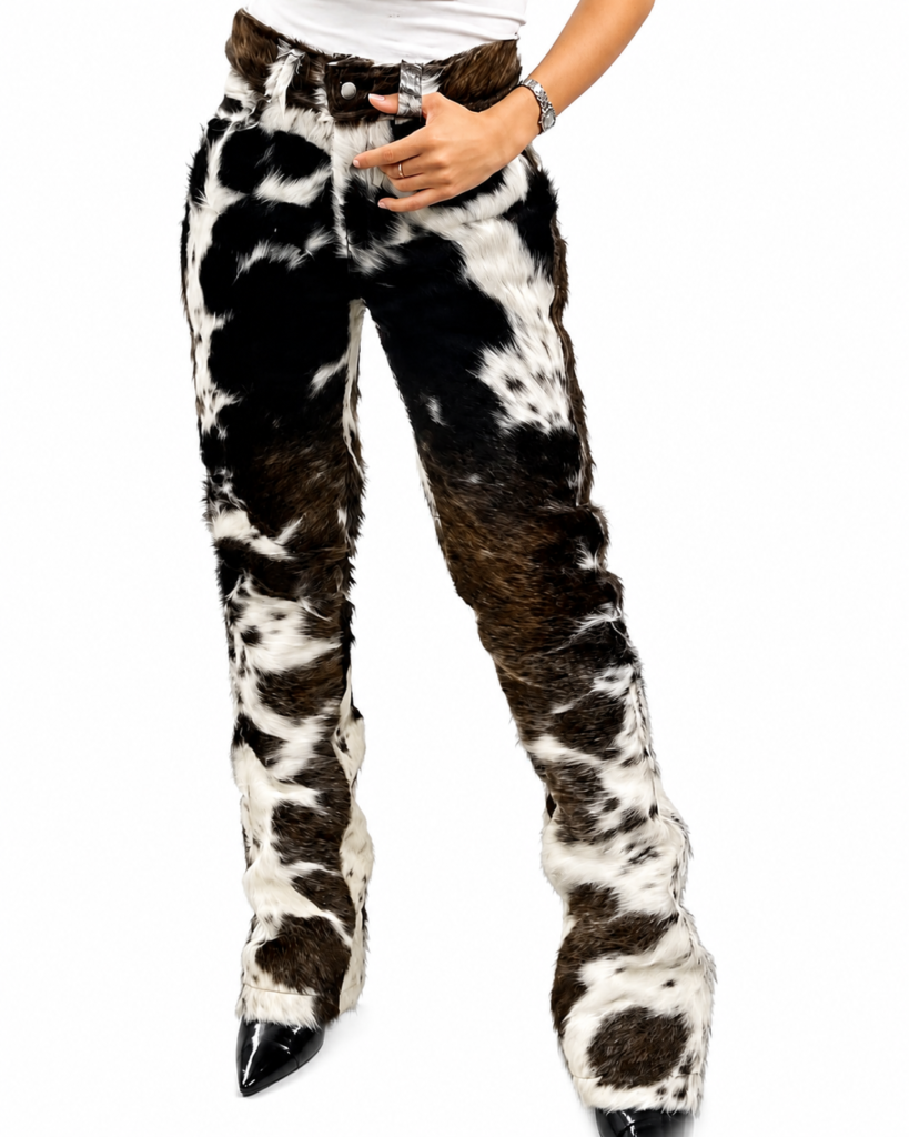 Women’s Black & White Cowhide Leather Pants – Hair On Hide Western Pants