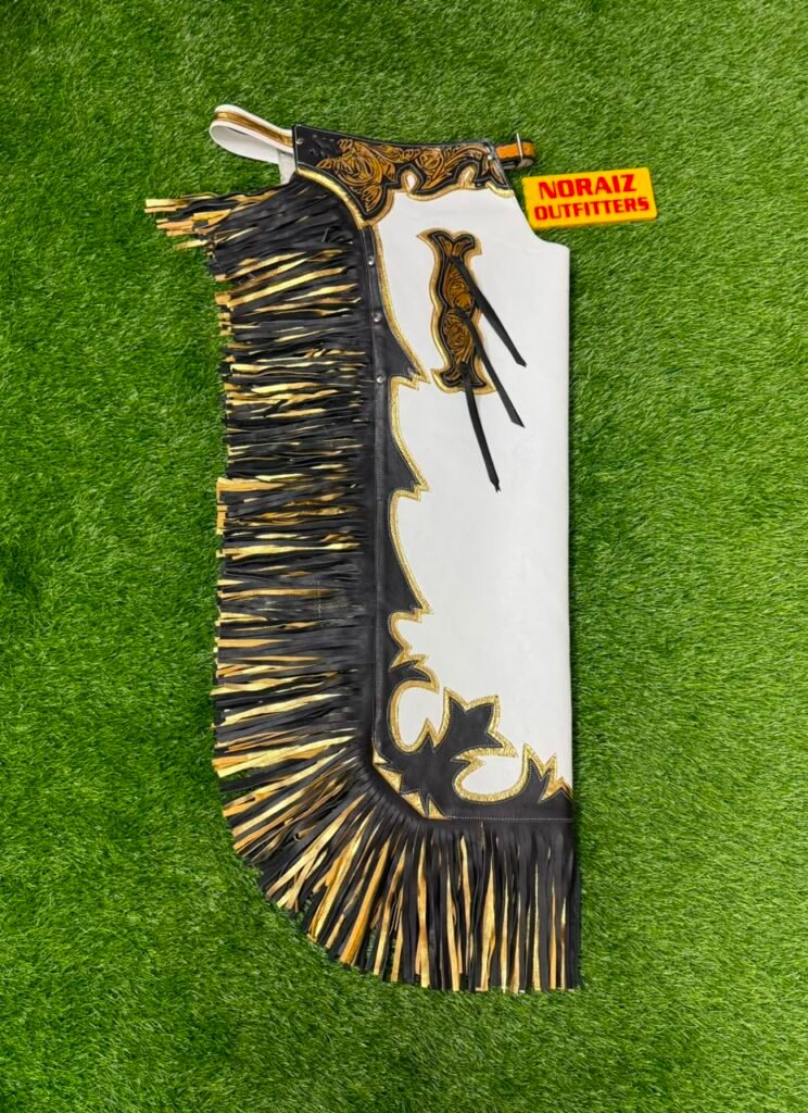 Genuine Leather Western Chaps with Black & Gold Fringe – Hand Tooled Rodeo Chaps