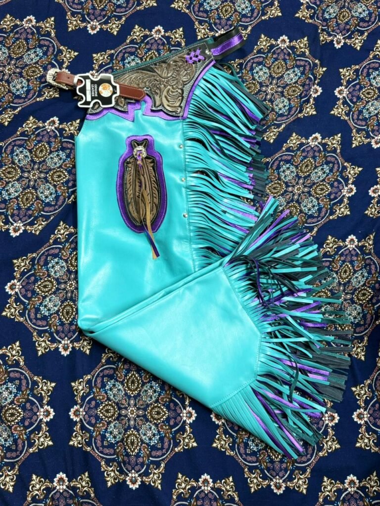 Genuine Leather Western Rodeo Chaps – Turquoise Purple Black Custom Cowboy Chaps