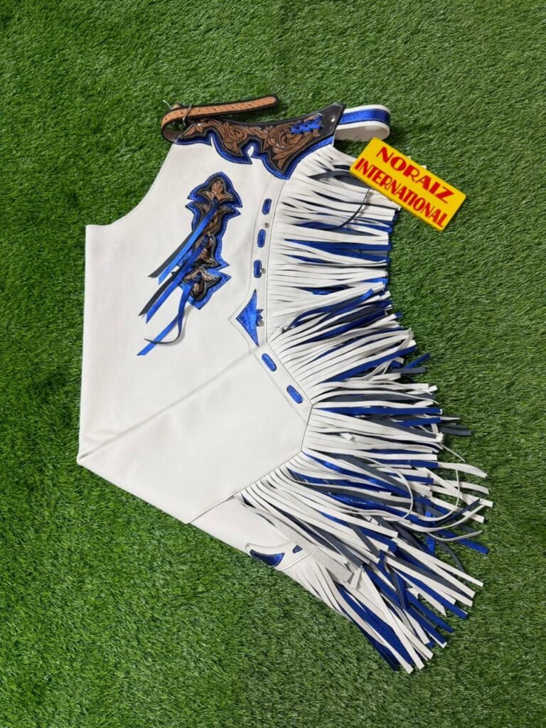 Premium White & Royal Blue Leather Western Chaps