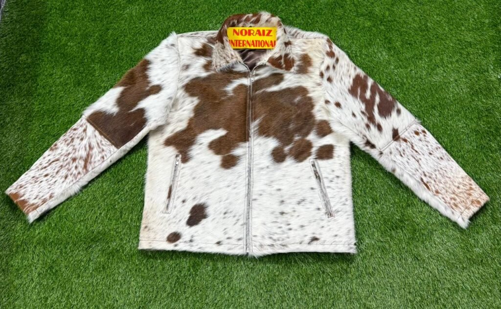 Men’s Genuine Hair-On Cowhide Leather Jacket – Brown White Western Biker Jacket