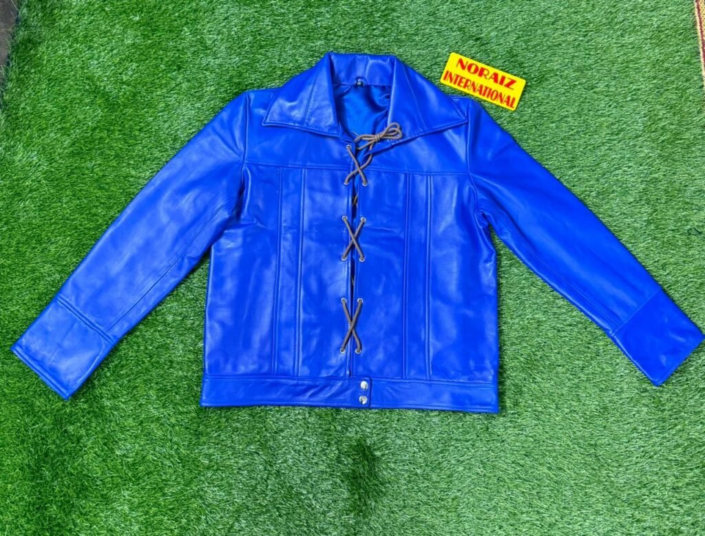 Men’s Genuine Lambskin Leather Jacket – Blue Lace-Up Biker Motorcycle Jacket