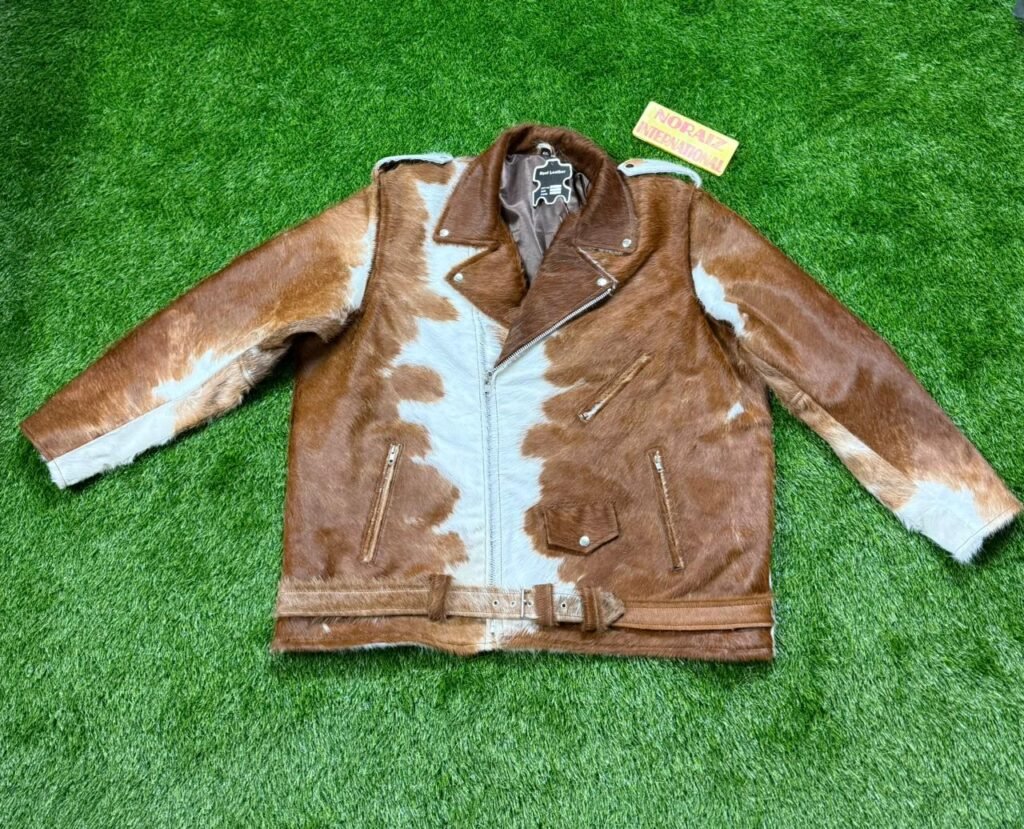 Men’s Genuine Hair-On Cowhide Leather Jacket – Brown White Motorcycle Jacket