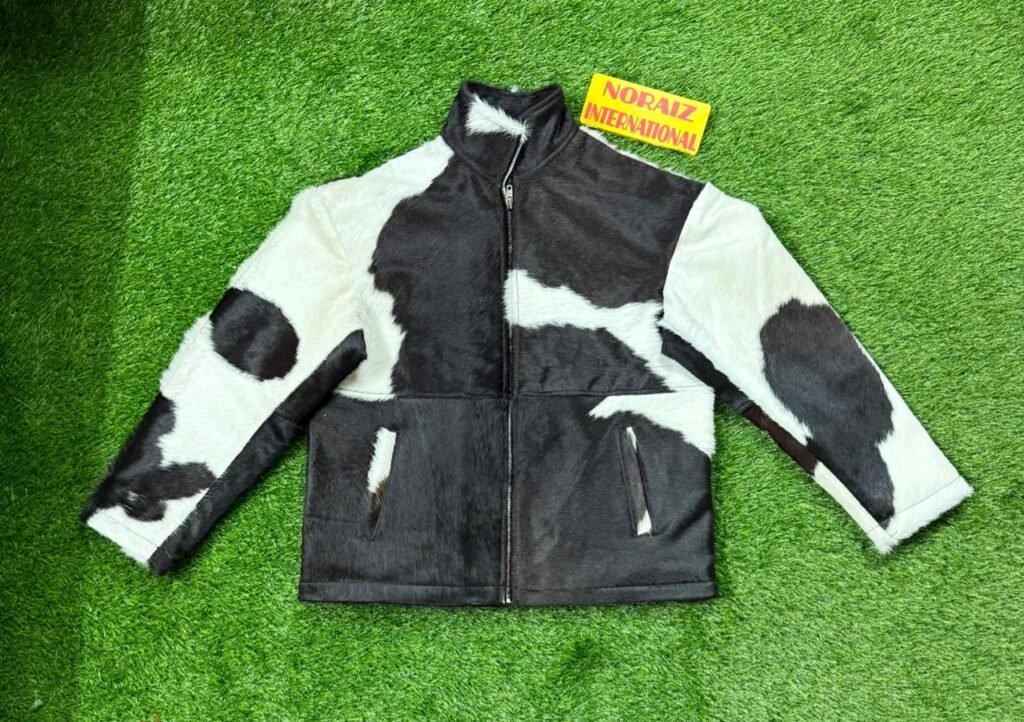 Men’s Genuine Cowhide Leather Jacket – Black Brown White Hair-On Hide Western Jacket