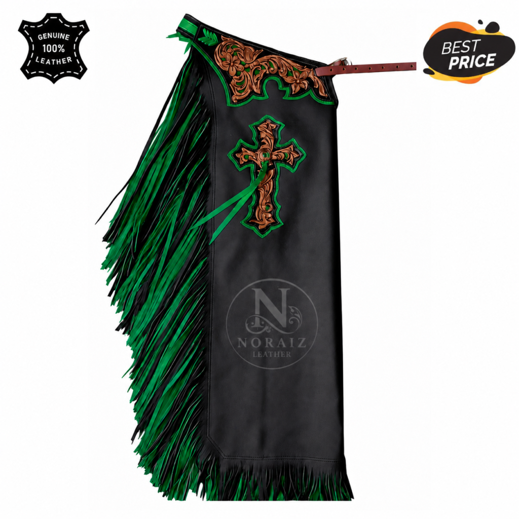 Genuine Leather Western Chaps with Green Fringe – Hand Tooled Rodeo Chaps
