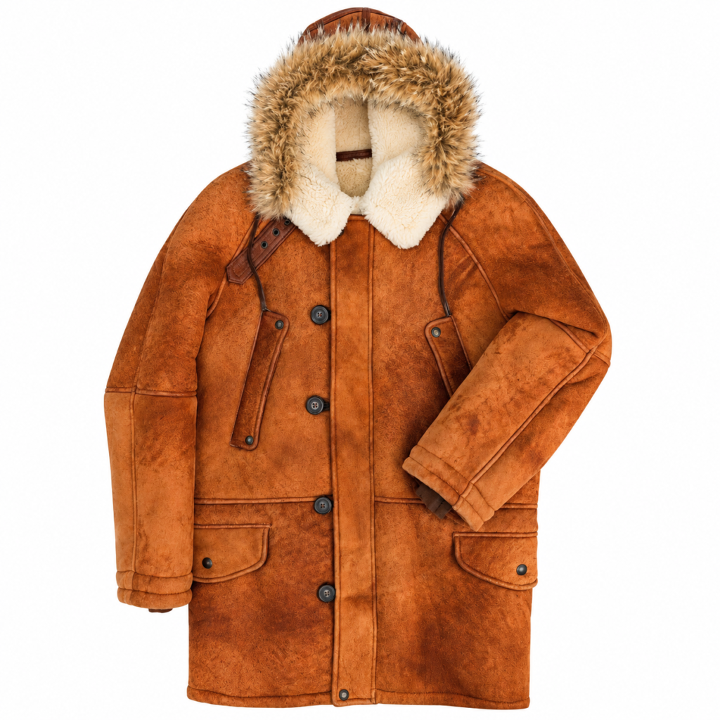Men's Suede Shearling Coat – Genuine Leather Hooded Winter Coat
