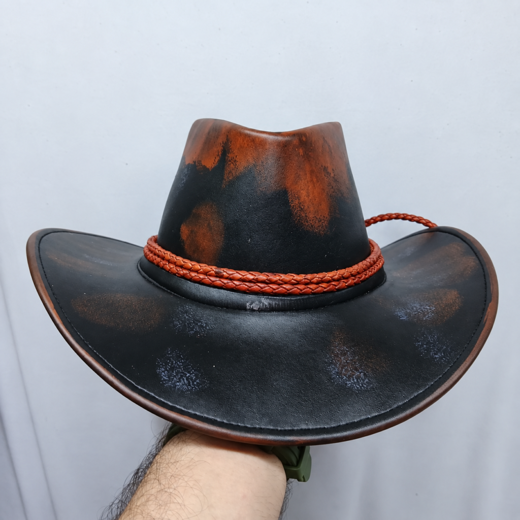 Faux Leather Cowboy Hat Black Brown – Distressed Western Hat with Braided Hatband