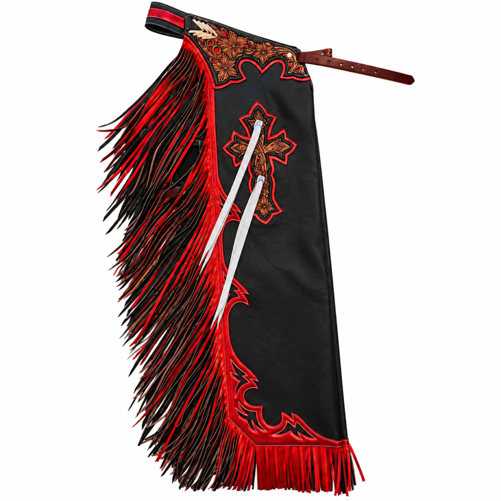 Handmade Black & Red Leather Rodeo Chaps – Western Cowboy Chaps with Fringe