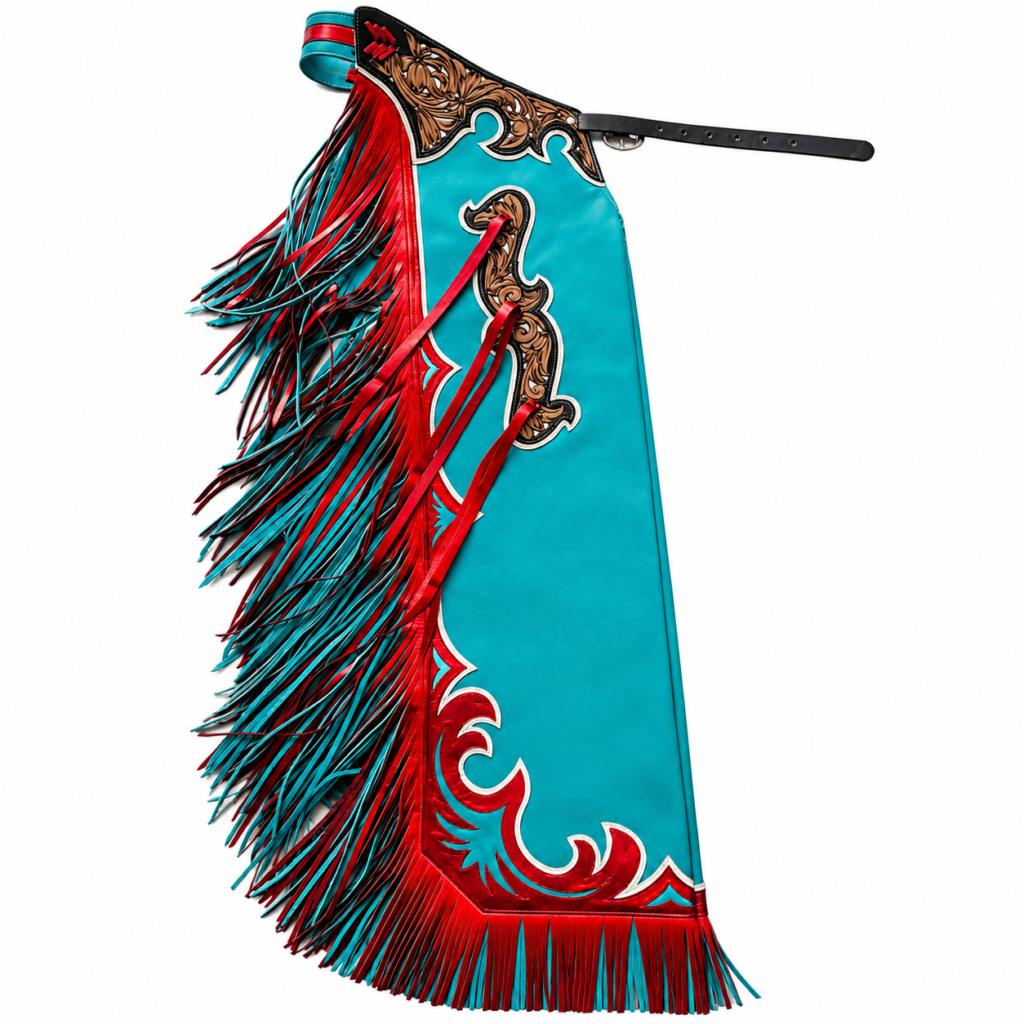 Handmade Turquoise & Red Leather Rodeo Chaps – Western Cowboy Chaps with Fringe