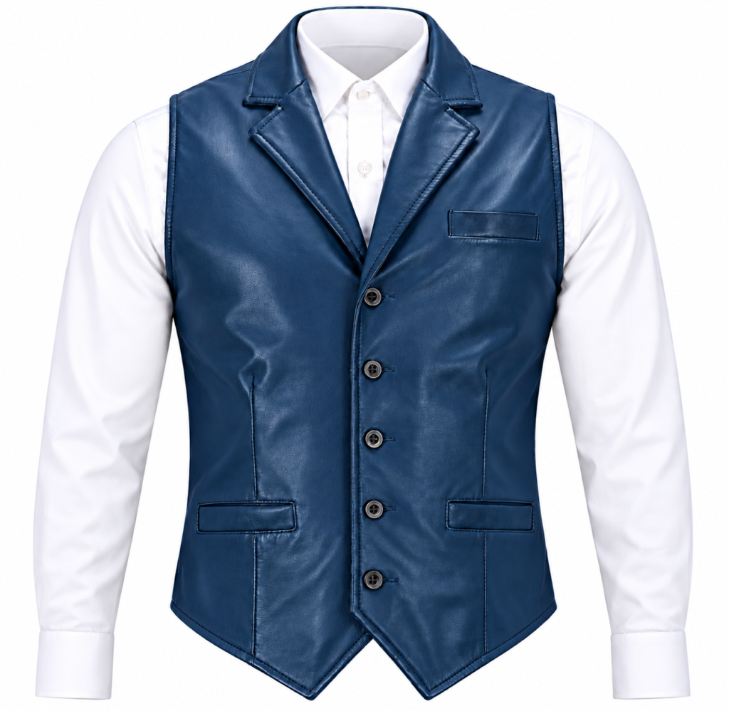Men’s Navy Blue Lambskin Leather Vest – Western Waistcoat