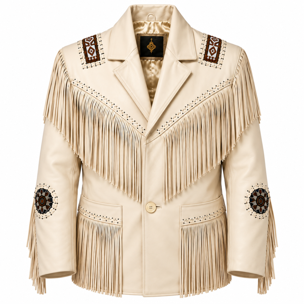Men Western Cowboy Fringe Jacket Beaded Native American Genuine Leather Jacket