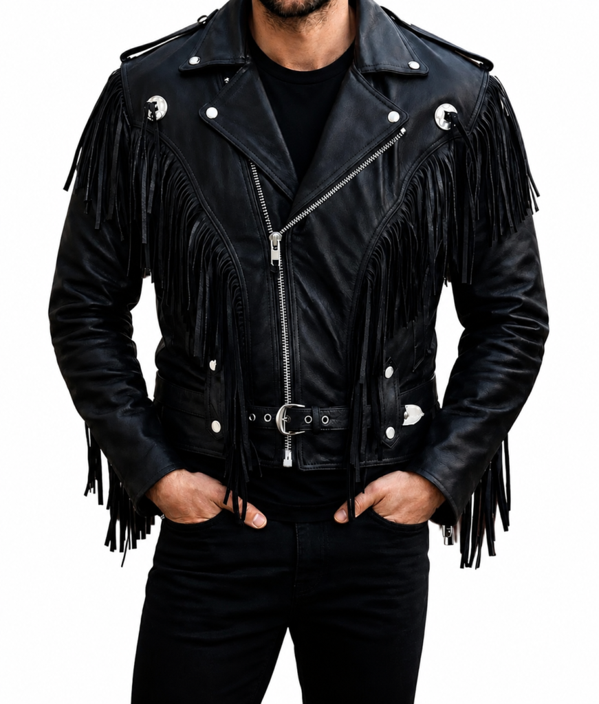 Men's Black Cowhide Leather Fringe Jacket – Western Biker Motorcycle Leather Jacket