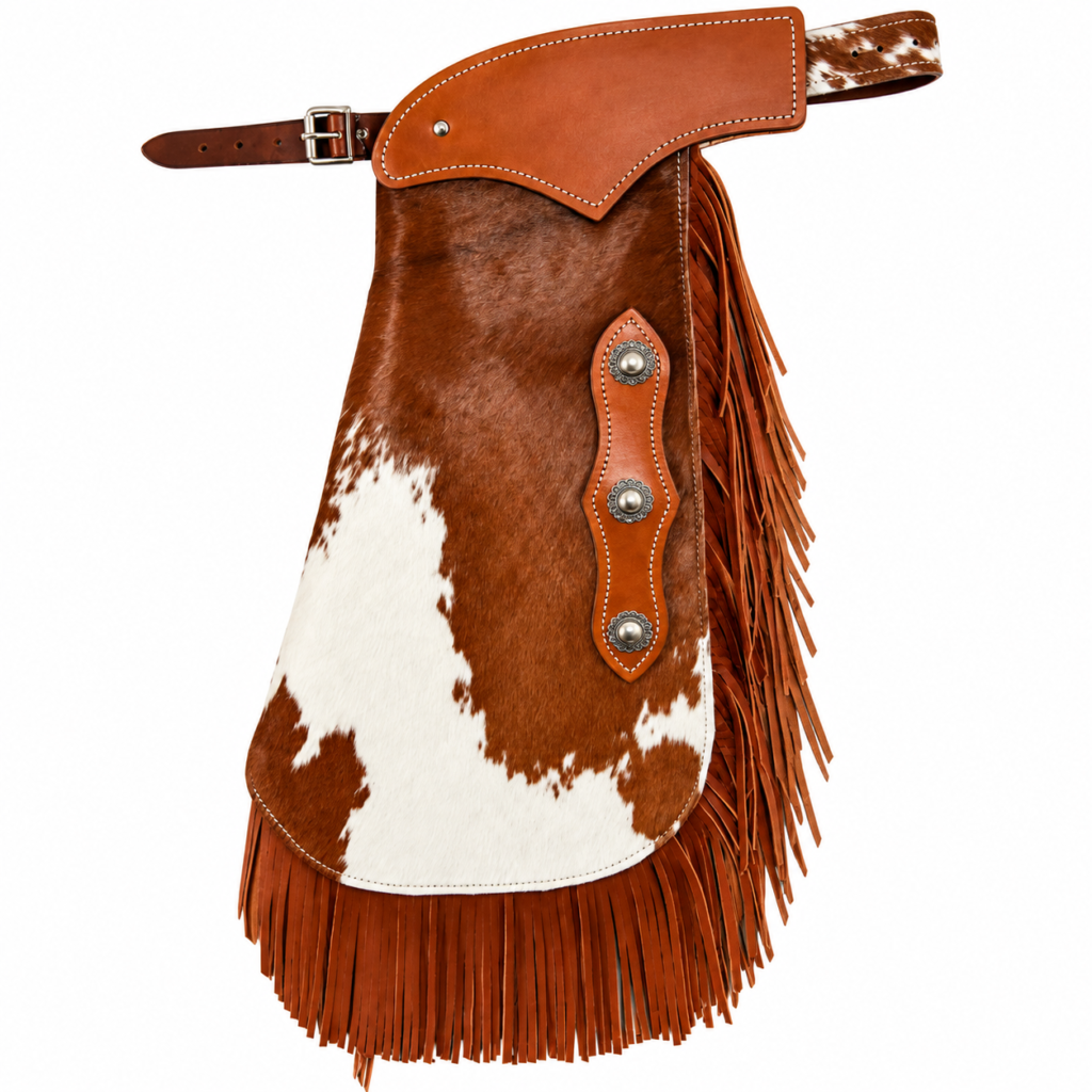 Handmade Brown & White Cowhide Leather Rodeo Chaps – Western Cowboy Chaps with Fringe