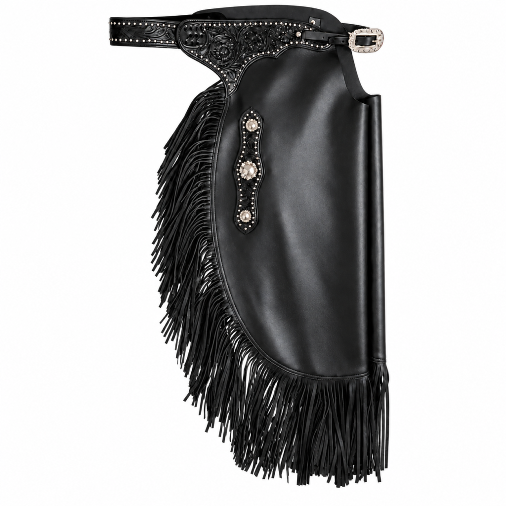 Handmade Black Leather Bull Riding Western Chinks Rodeo Cowboy Fringe Chaps