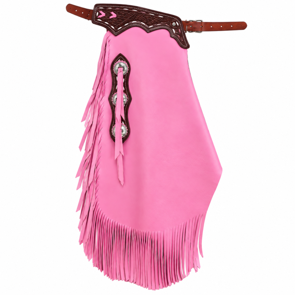 Handmade Pink Bull Riding Leather Chinks | Custom Rodeo Chaps with Fringe Western Gear