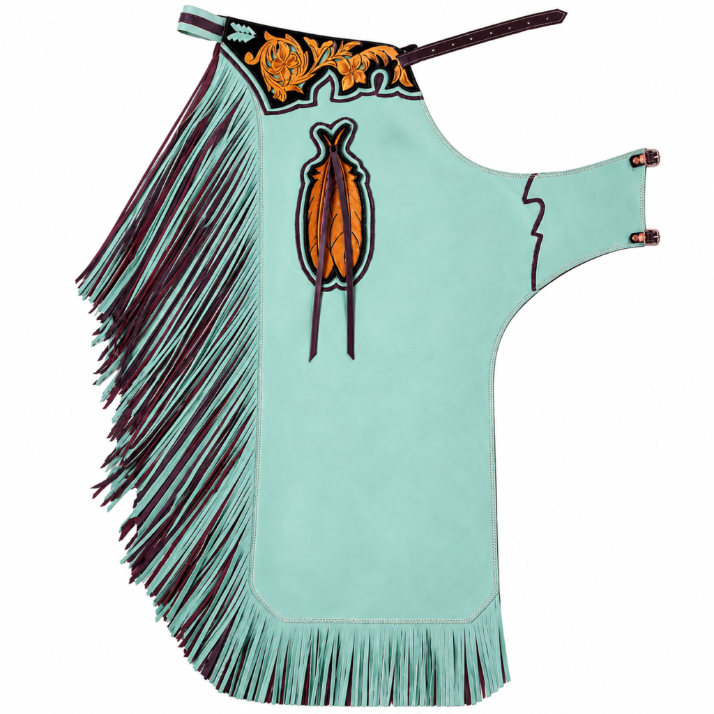 Turquoise Genuine Cowhide Leather Rodeo Chaps, Hand-Tooled Floral Western Fringe