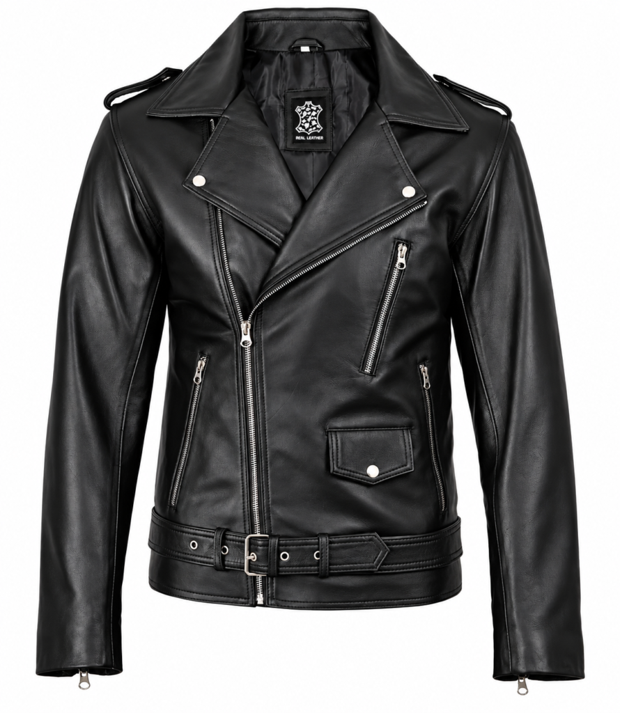 Men's Genuine Leather Biker Jacket – Black Motorcycle Jacket with Belt & Zipper