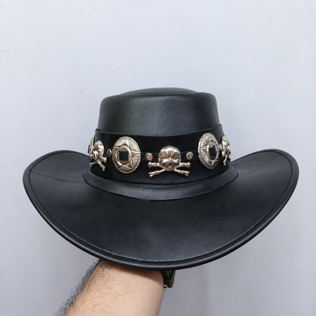 Black Faux Leather Cowboy Hat – Skull Western Hat with Wide Brim & Studded Hatband