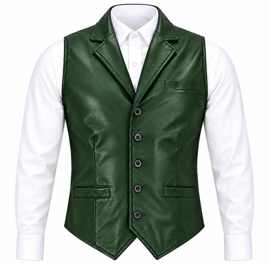 Men’s Dark Green Lambskin Leather Vest – Western Waistcoat