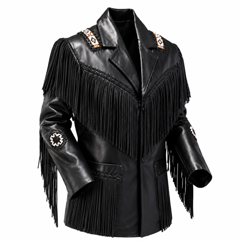 Men Western Cowboy Fringe Jacket Beaded Native American Genuine Leather Jacket