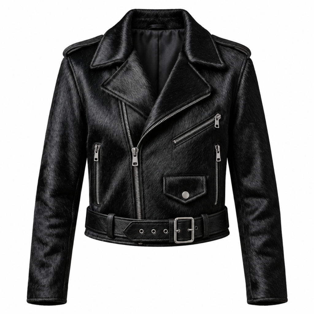Women Black Hair On Hide Leather Biker Jacket