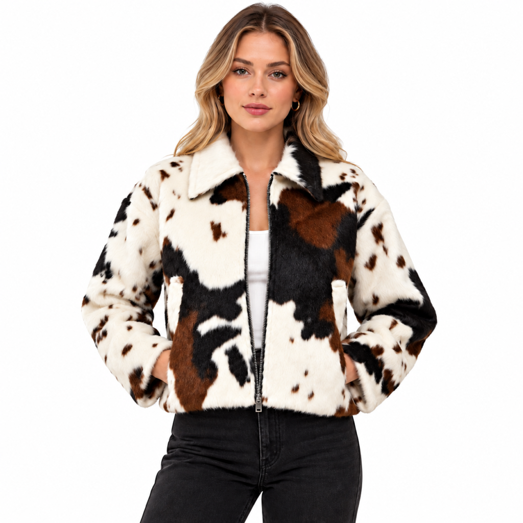 Genuine Cowhide Leather Jacket Women Brown White Hair On Hide Western Style
