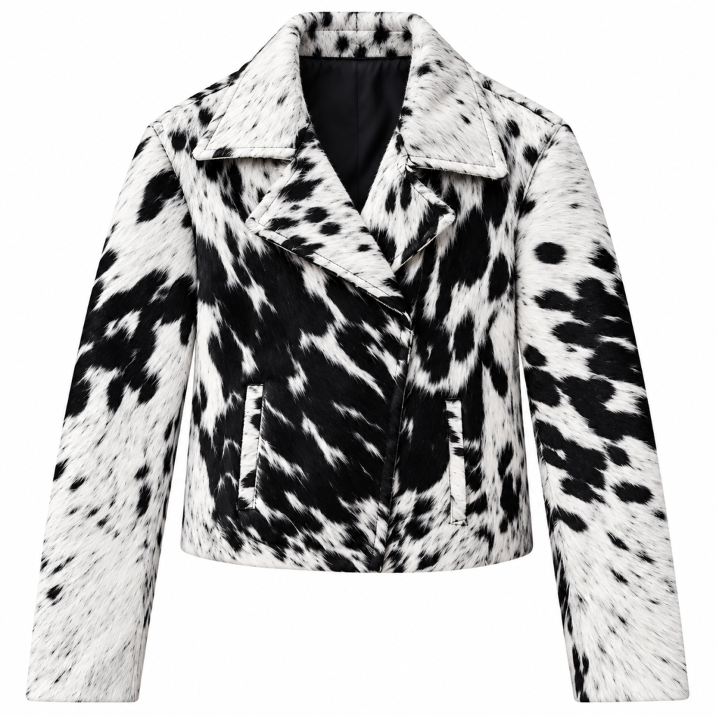 Women's Hair On Hide Cowhide Leather Jacket – Black White Cropped Western Jacket