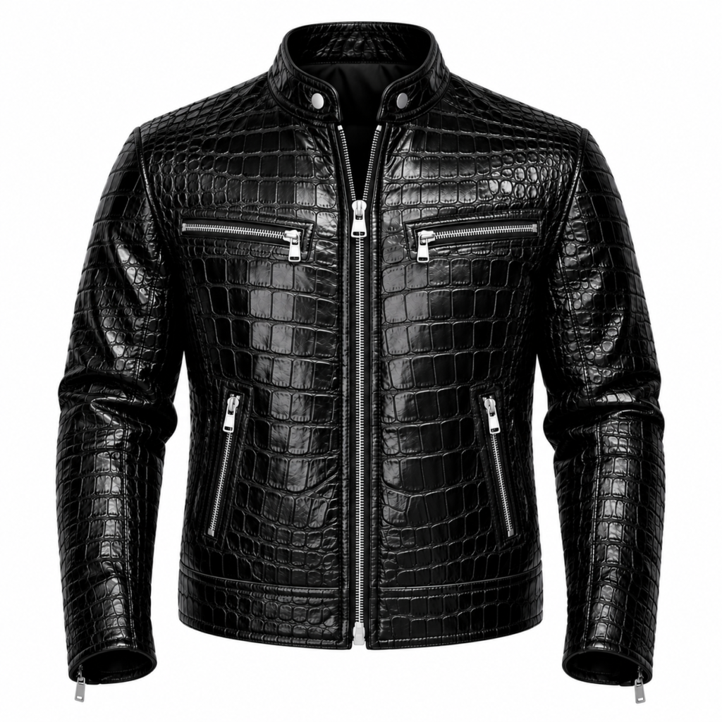 Men's Black Crocodile Embossed Genuine Leather Biker Jacket Coat