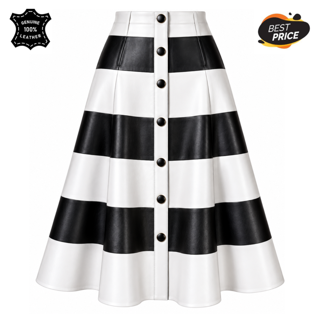 Women’s Black & White Genuine Sheepskin Leather A-Line Skirt – Button Front Midi Skirt