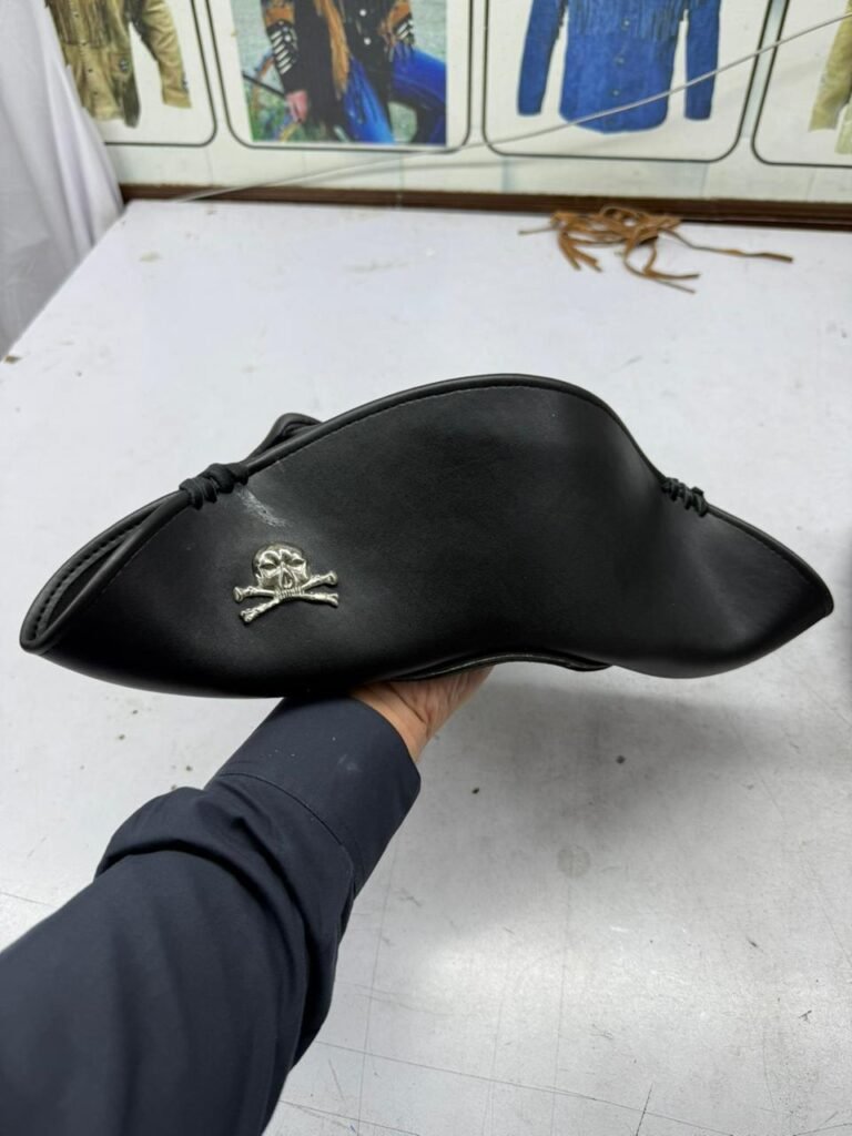 Genuine Leather Pirate Tricorn Hat – Black Captain Hat with Skull & Crossbones