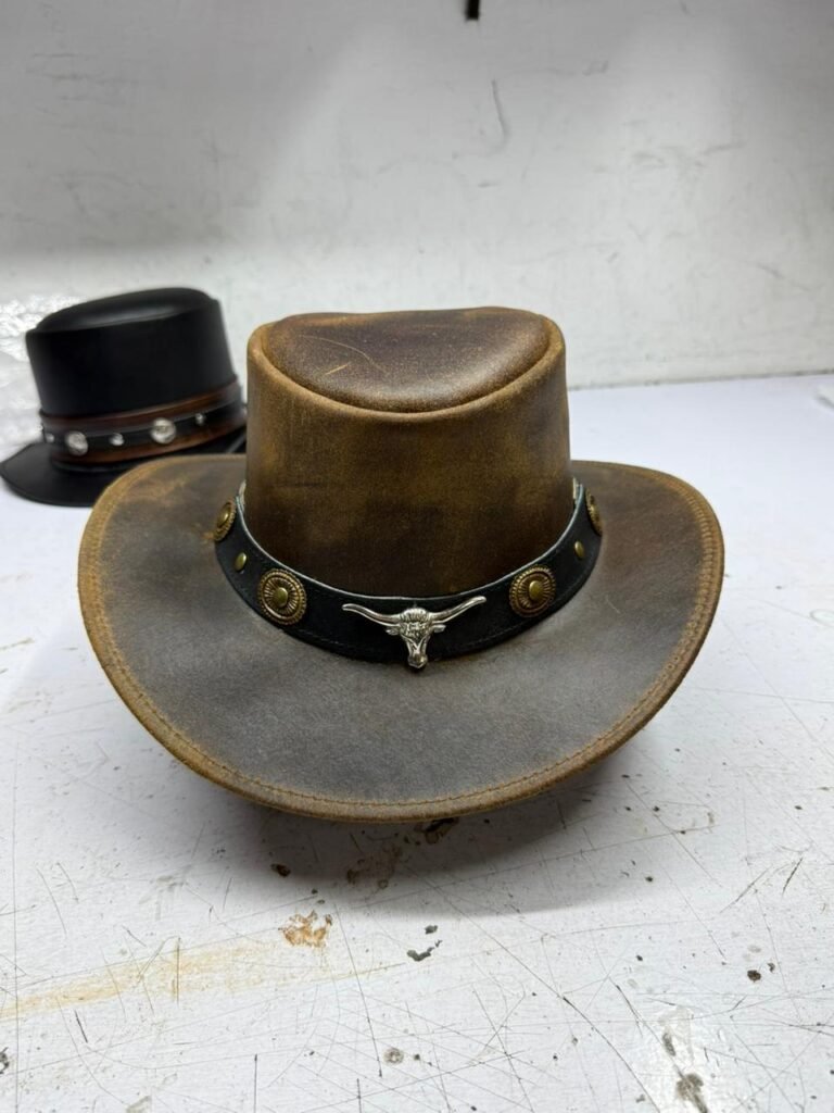Genuine Leather Cowboy Hat – Distressed Brown Western Hat with Longhorn Concho Band