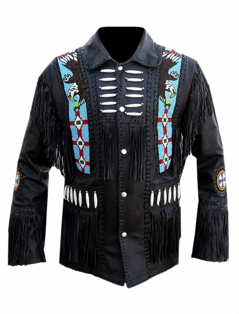 Men’s Black Leather Western Jacket – Fringed Cowboy Jacket with Native-Inspired Beaded Design