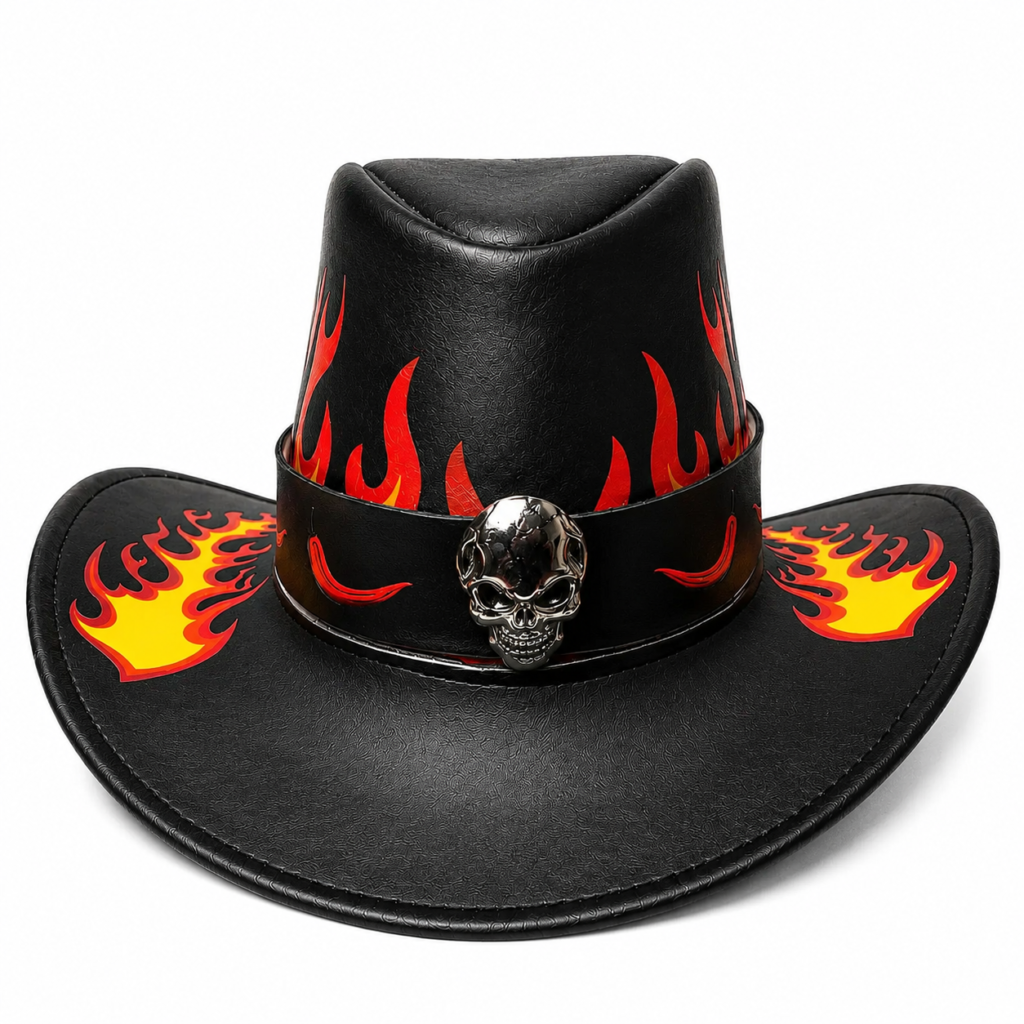 Genuine Leather Flame Cowboy Hat – Black Western Hat with Skull Detail & Wide Brim