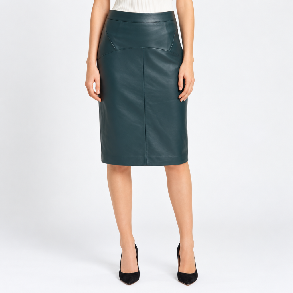 Women’s Dark Teal Genuine Leather Pencil Skirt – High Waisted Knee Length Skirt