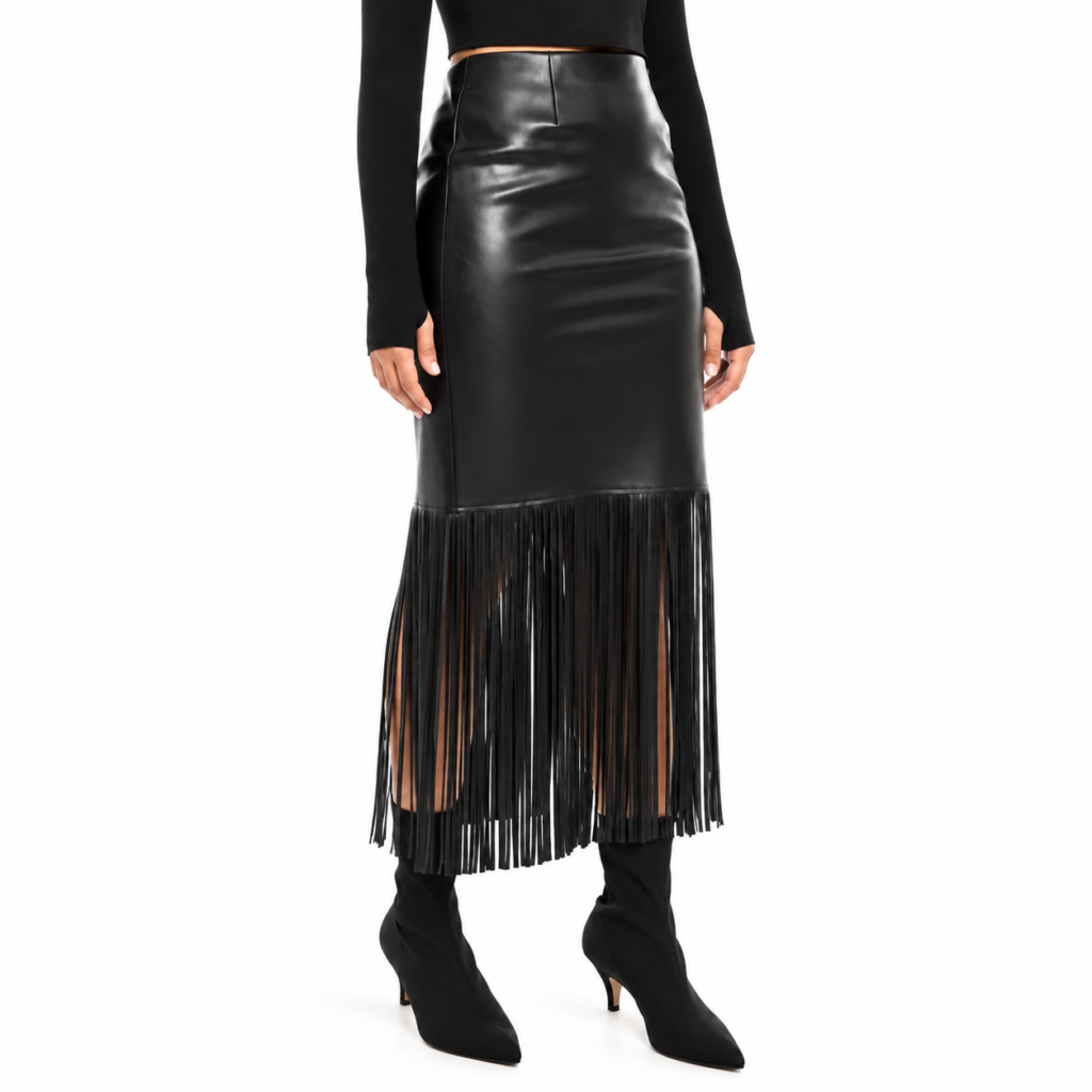 Women’s Black Lambskin Leather Fringe Skirt – Long Western Skirt