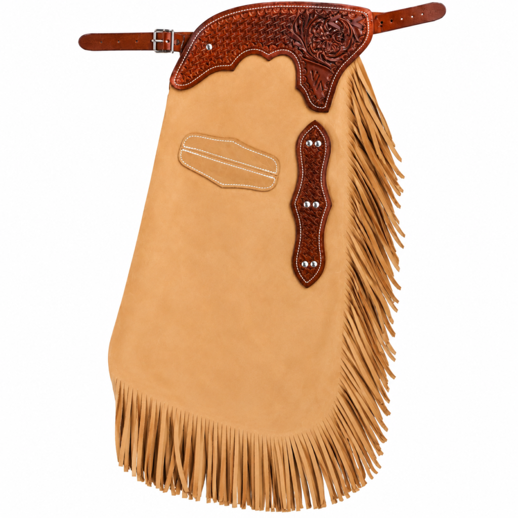 Handmade Tan Leather Bull Riding Chinks | Handmade Western Rodeo Chaps with Fringe
