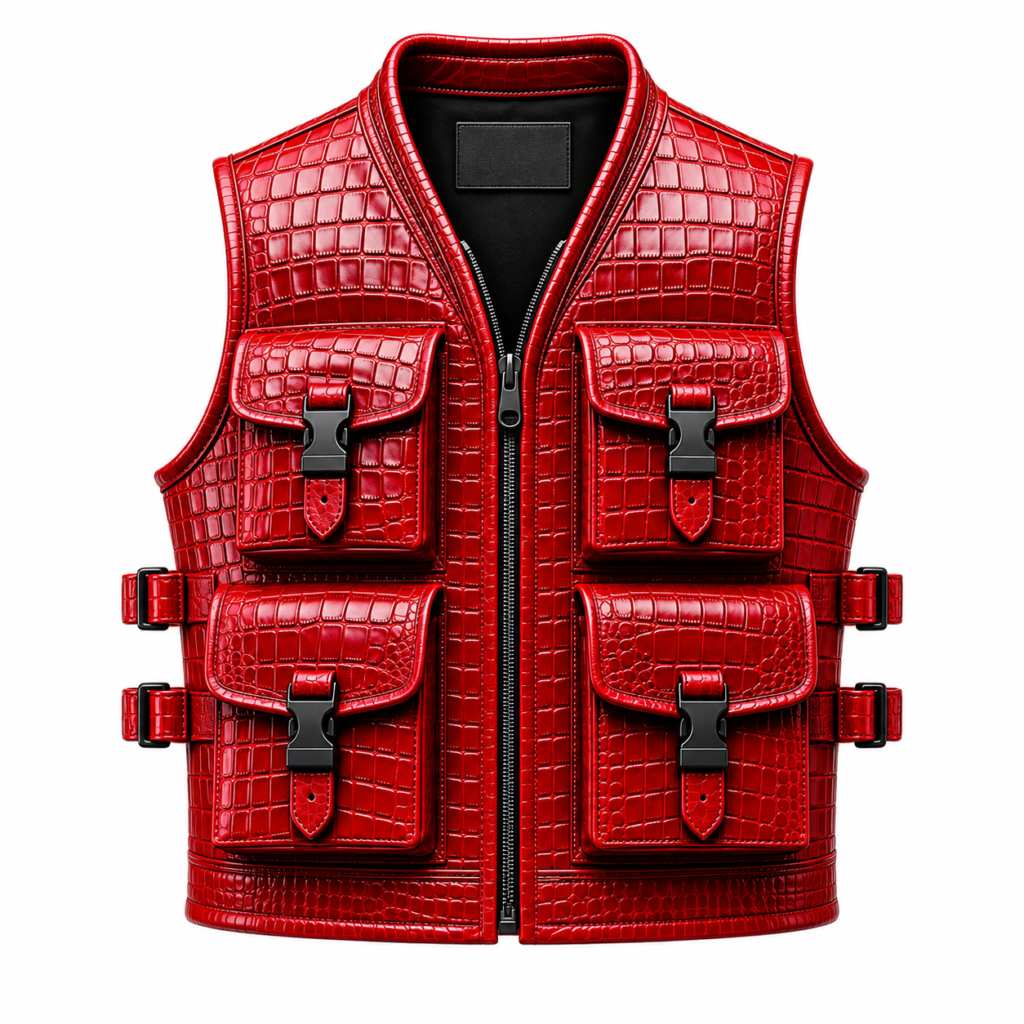 Men Red Genuine Cowhide Leather Vest Crocodile Embossed Multi Pocket Biker Vest