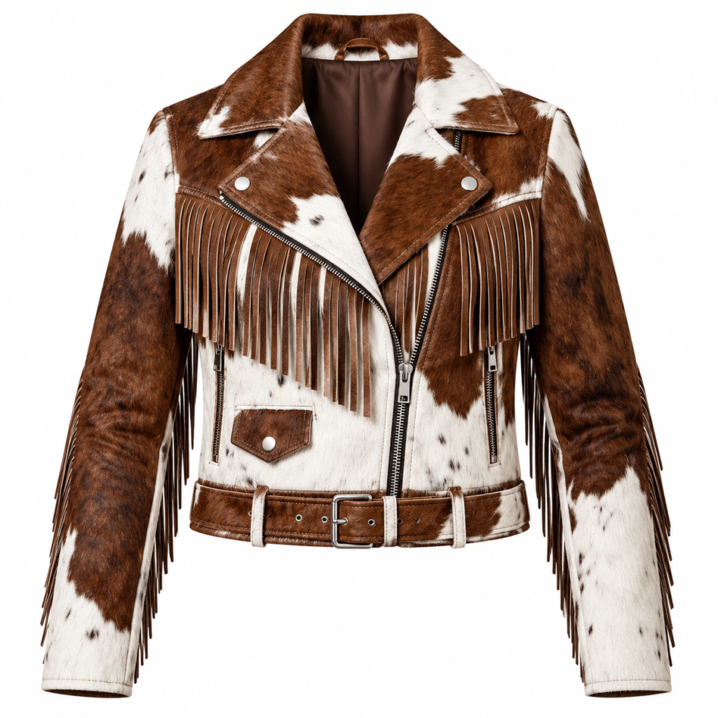 Women’s Cowhide Leather Fringe Jacket, Western Hair On Hide Jacket