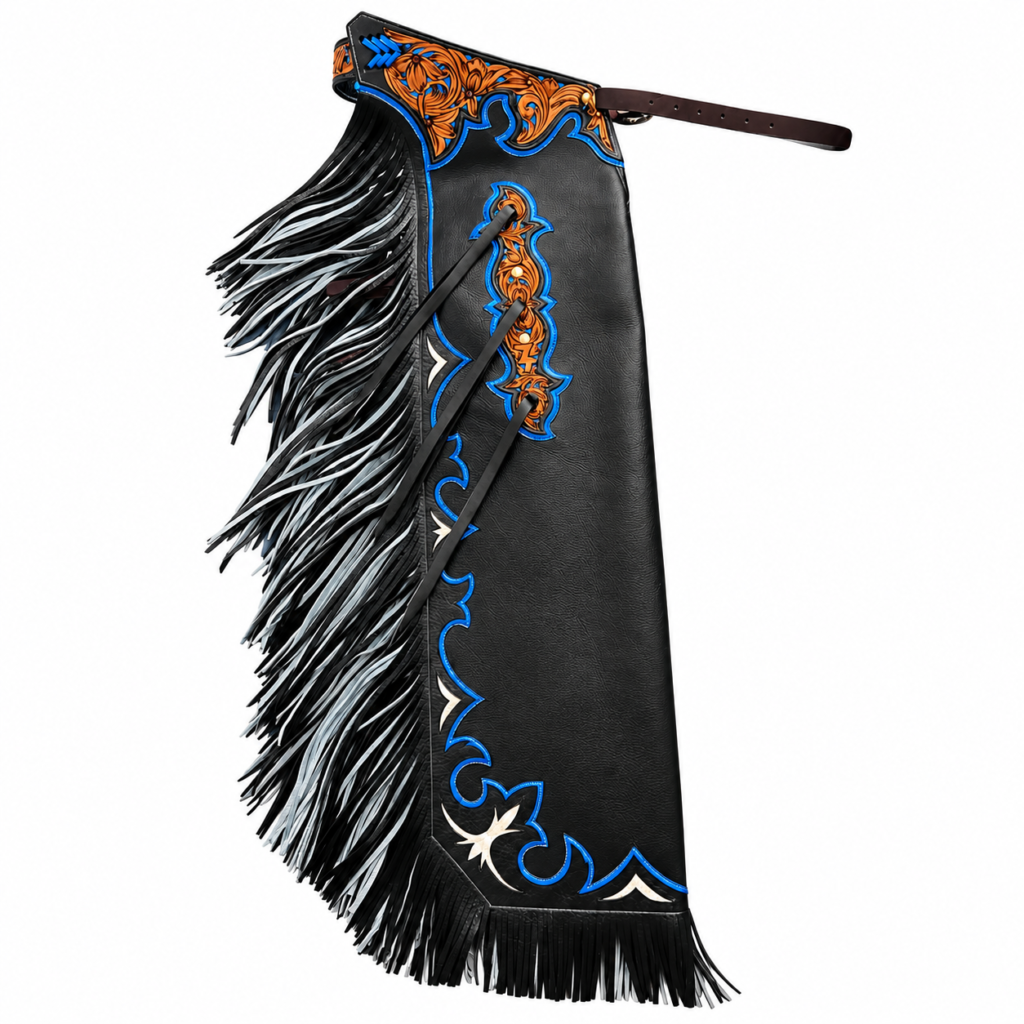 Handmade Black & Blue Leather Rodeo Chaps – Western Cowboy Chaps with Fringe
