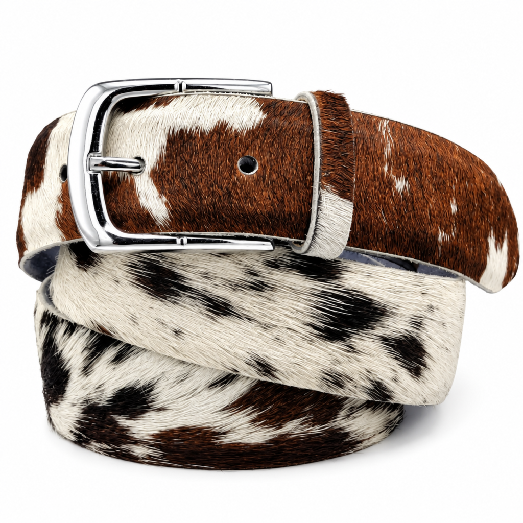 Genuine Hair On Hide Cowhide Leather Western Belt | Brown White Cowboy Belt
