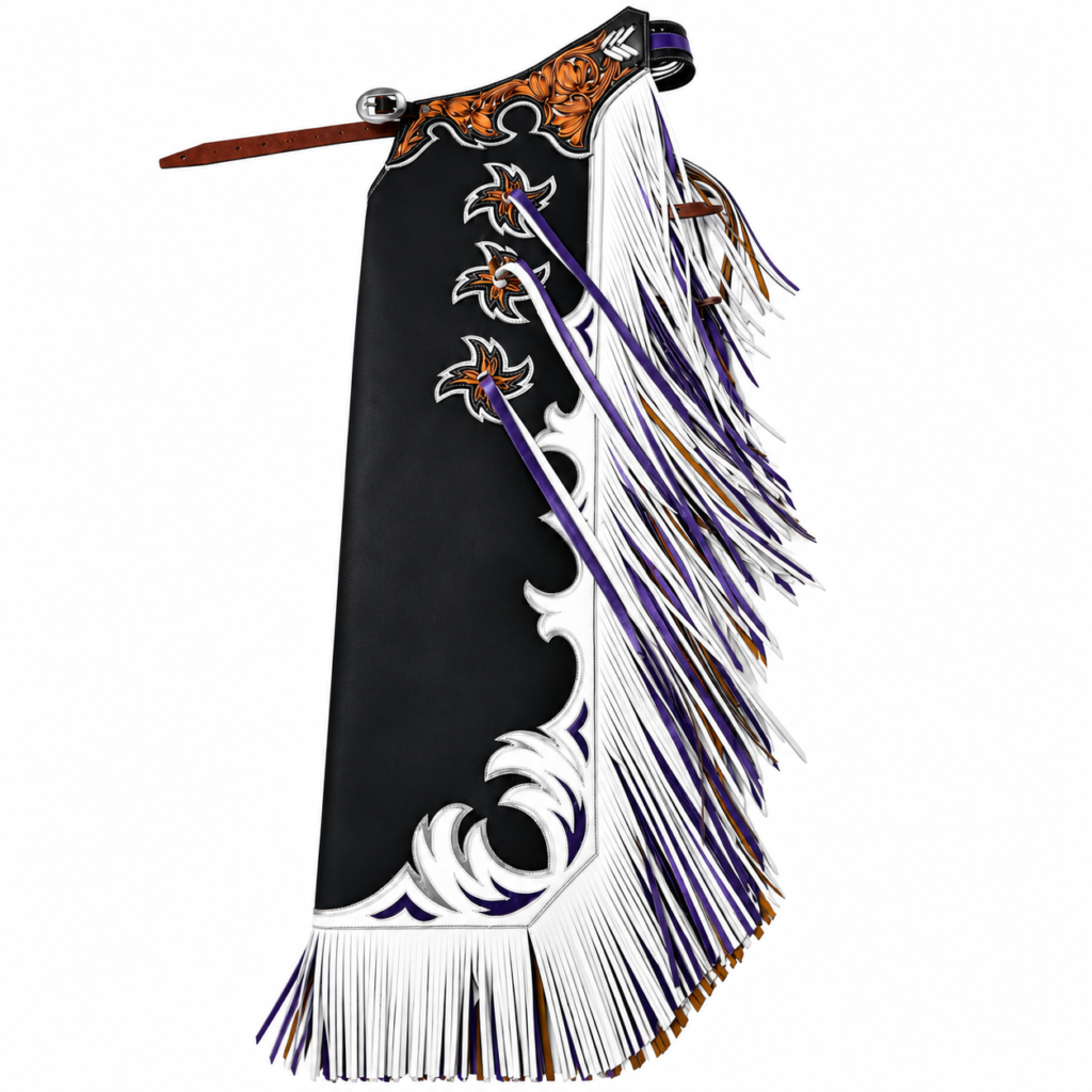 Handmade Black & White Leather Rodeo Chaps – Western Cowboy Chaps with Fringe