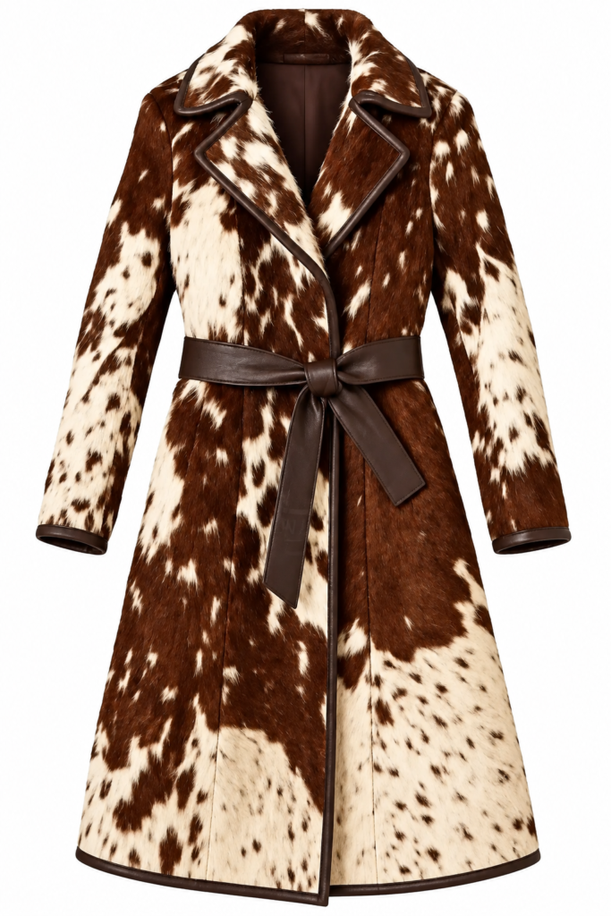 Women's Hair On Hide Cowhide Leather Coat – Brown White Long Western Coat