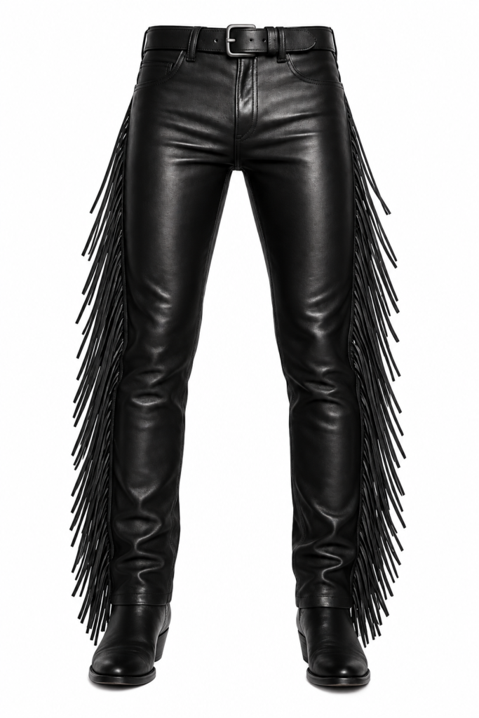 Men’s Black Genuine Leather Fringe Pants – Western Cowboy Leather Pants with Side Fringes
