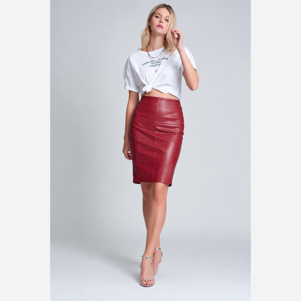 Women’s Red Genuine Leather Pencil Skirt – High Waisted Knee Length Skirt