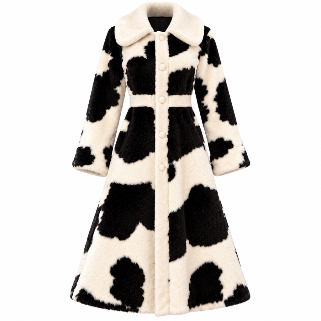 Women’s Black & White Hair-On Hide Leather Coat – Cow Print Long Overcoat