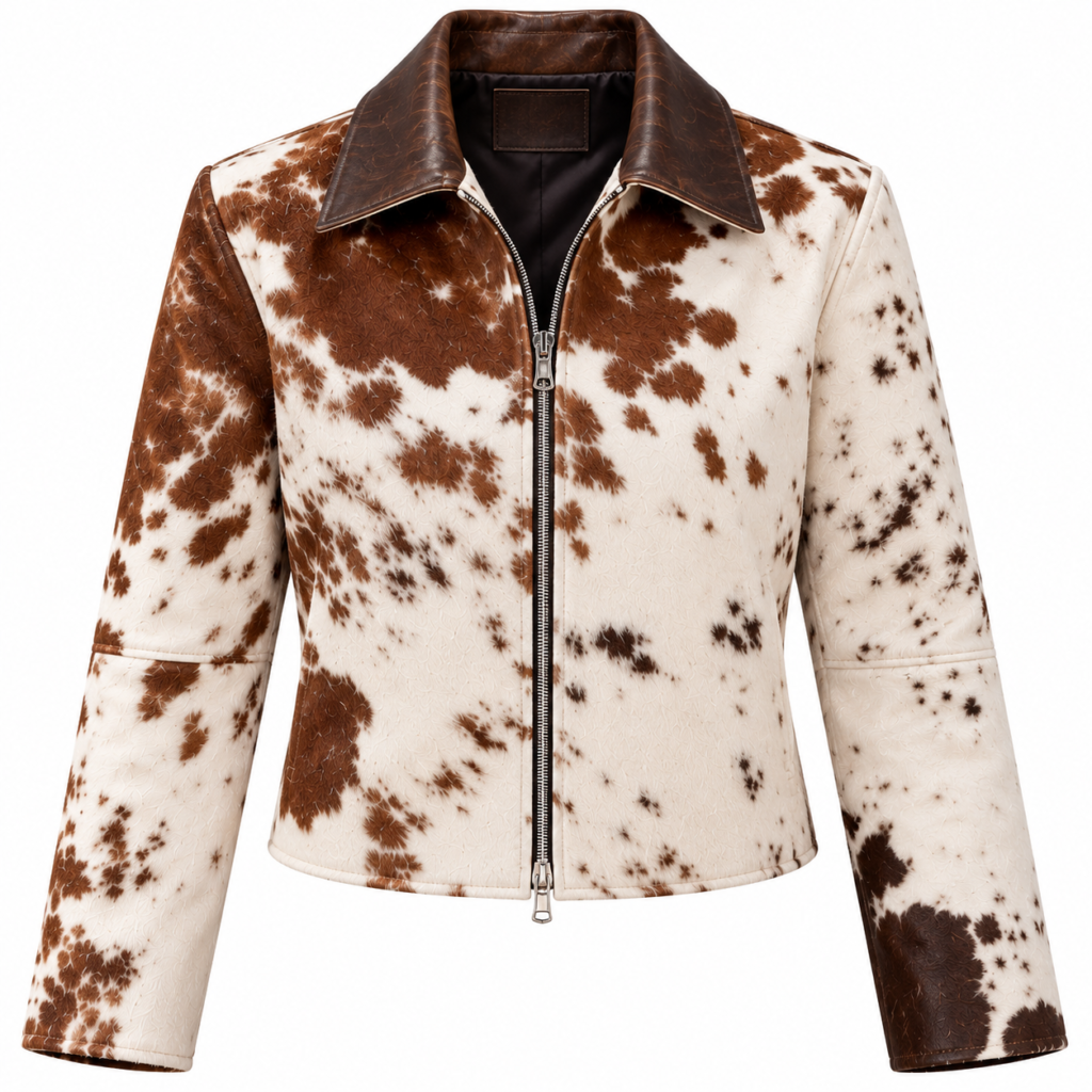 Women’s Brown and White Cow Print Leather Jacket – Western Zip-Up Coat